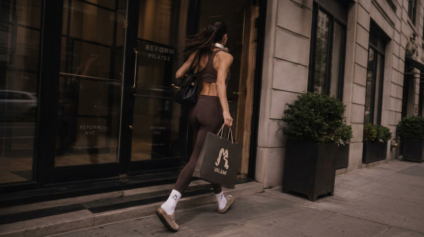 A woman walking into a Pilates studio carrying a VAL&MI bag